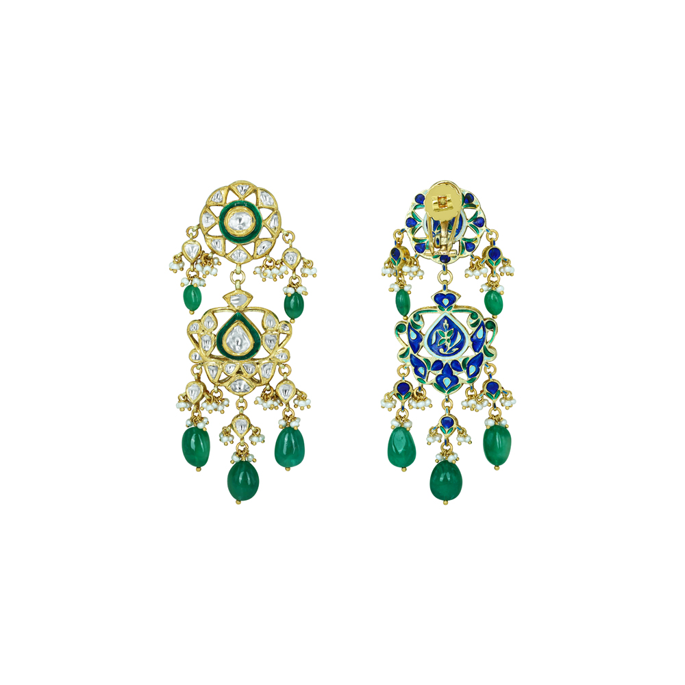 Pear Shaped Polki Earrings with Emerald Drops and Cascading Design